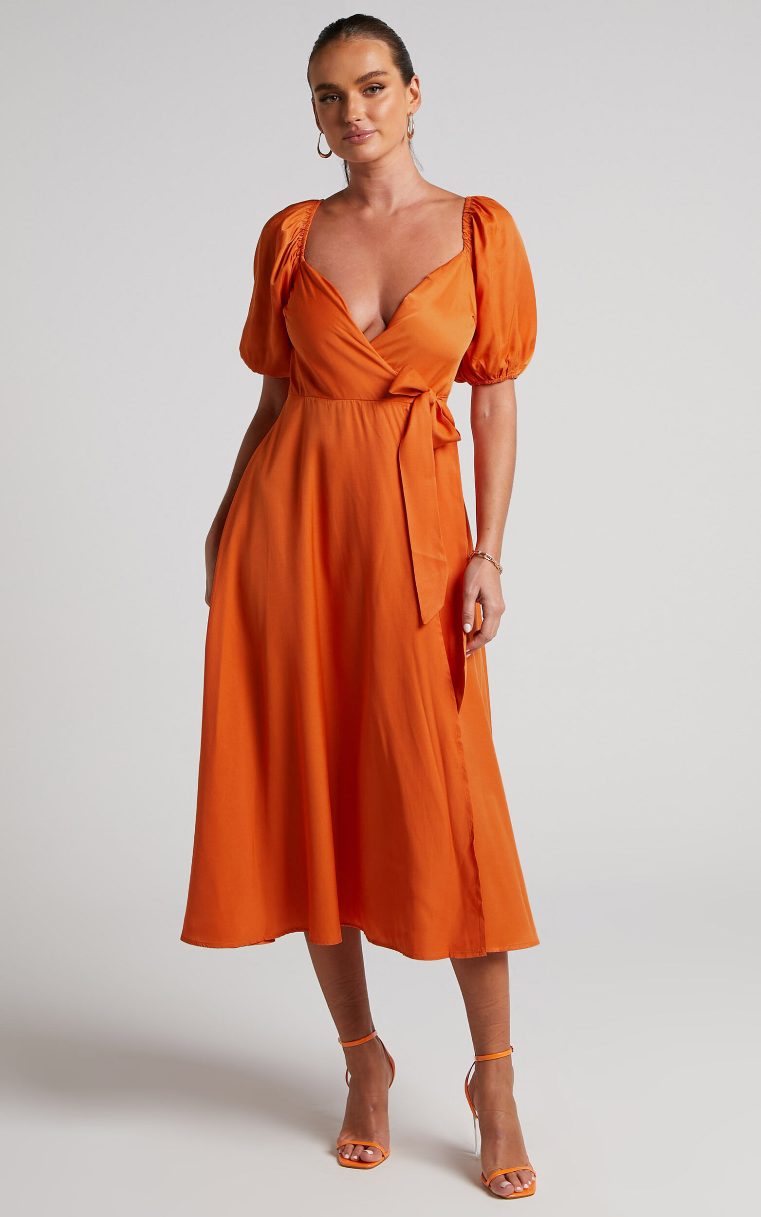 Cressida Midi Dress - Puff Sleeve Wrap Dress in Orange - 06, ORG1