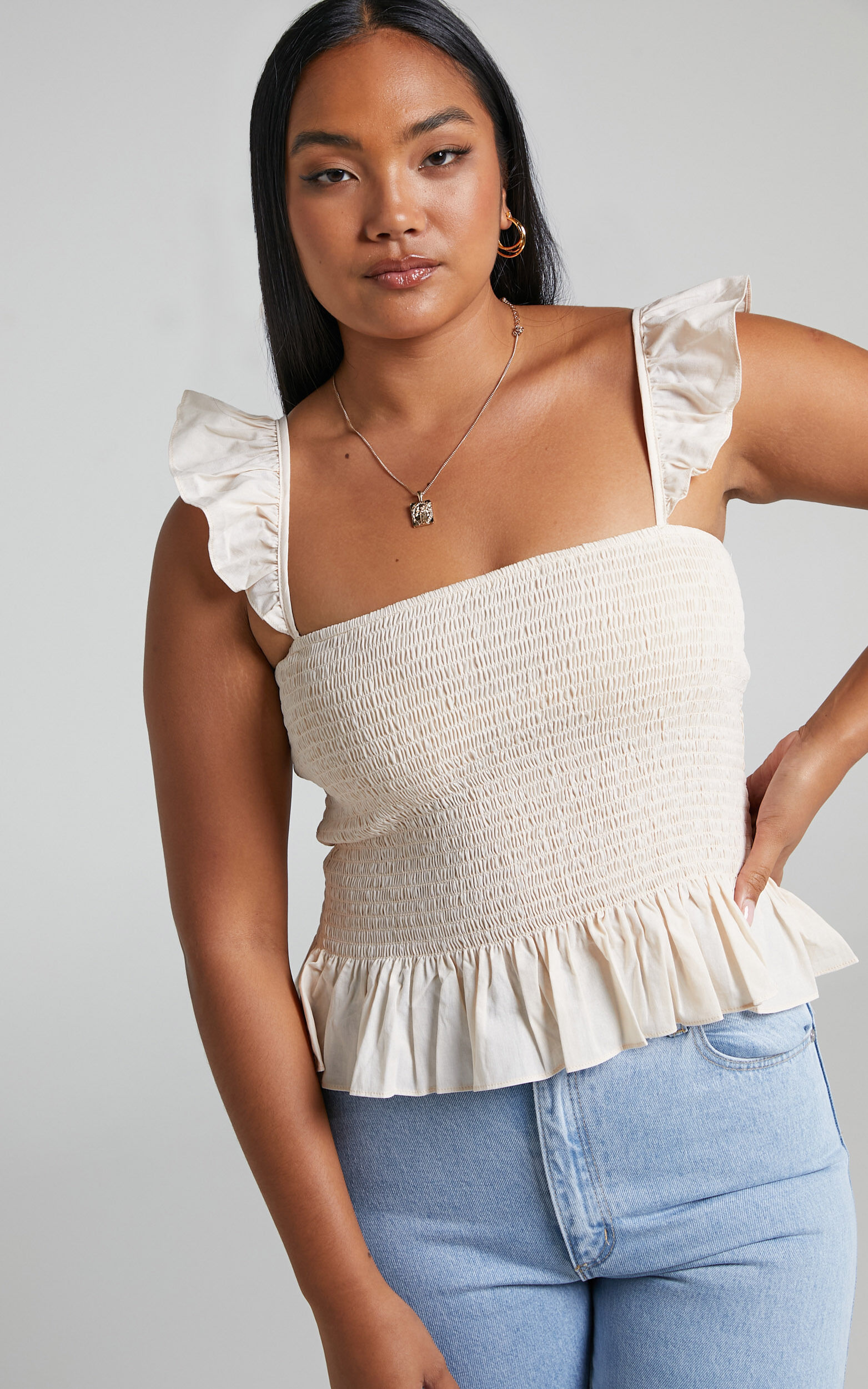 Cherisa Shirred Bodice Top with Frill Sleeves in Cream - 06, CRE1, super-hi-res image number null