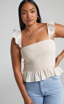 Cherisa Shirred Bodice Top with Frill Sleeves in Cream
