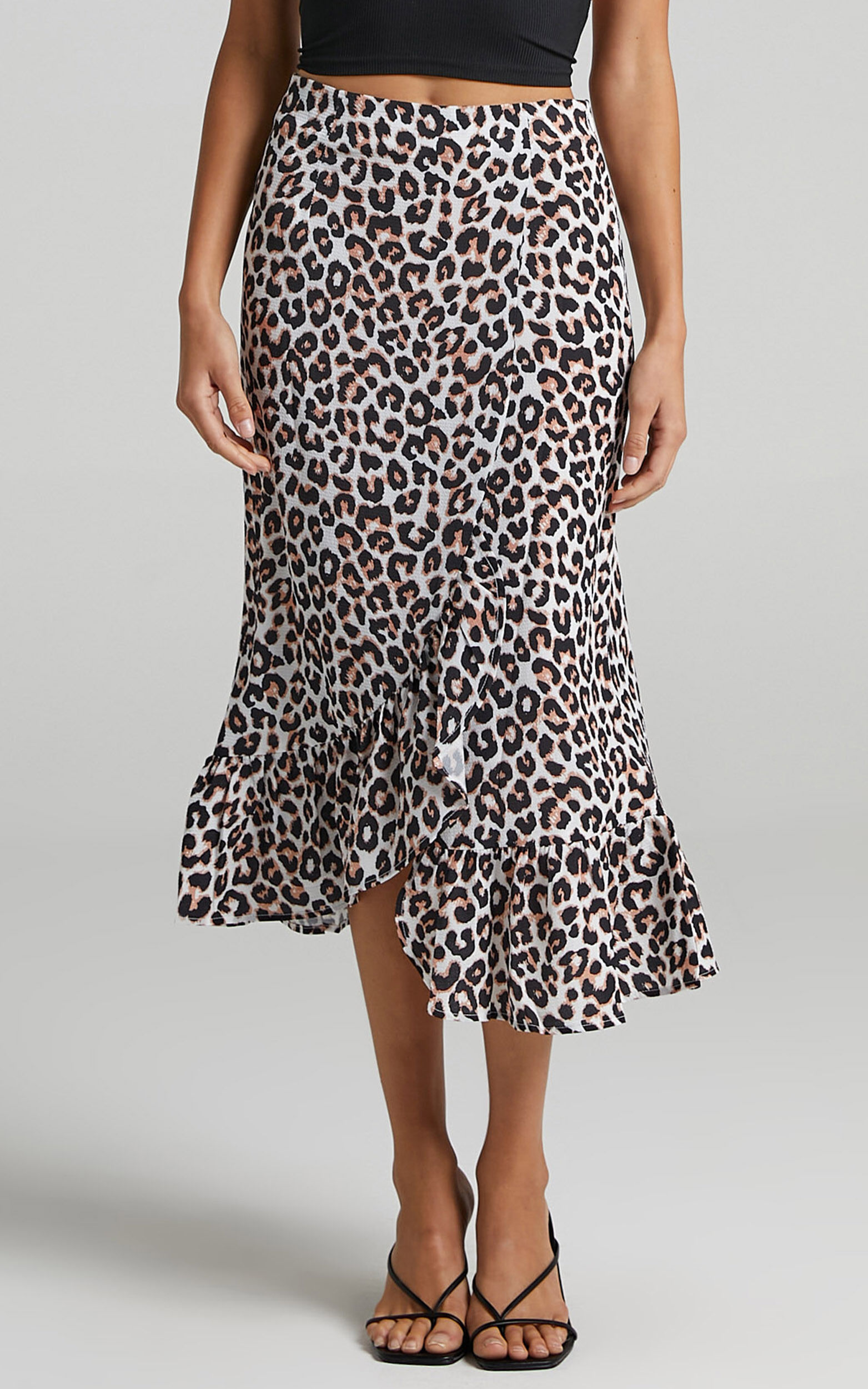 Womens Leopard Ruffle Midi Skirt Ladies High Waist Dress Party Holiday Club Wear