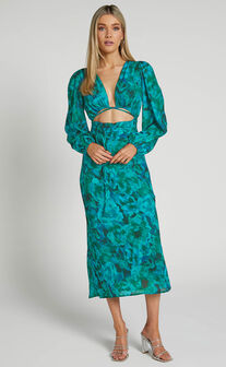 Artola Midaxi Dress - Front Cut Out Long Sleeve Dress in Green Blur Floral