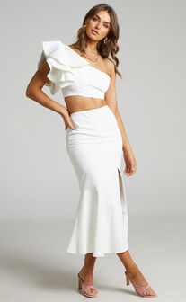 Lucila One Shoulder Crop Top and Midi Skirt Two Piece Set in White