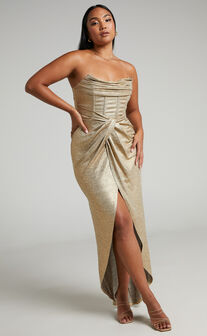 Adrie Midaxi Dress - Strapless Corset Bodice Dress in Gold