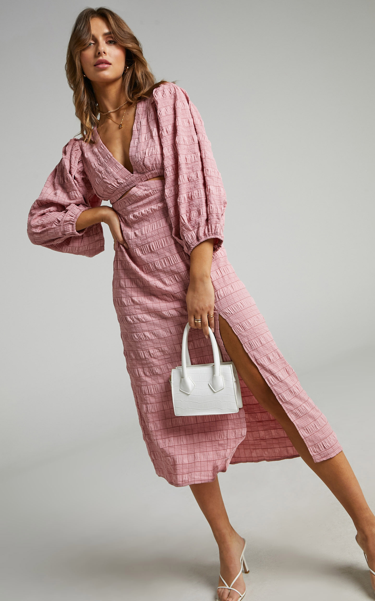 Tabatha Puff Sleeve Cut Out Midi Dress in Pink Check - 06, PNK1, super-hi-res image number null