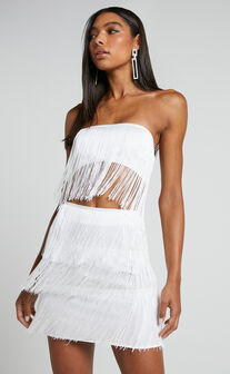 Amalee Two Piece Set - Fringe Strapless Crop Top and Midi Skirt Set in  Black