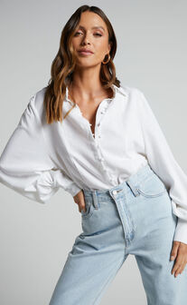 Kiva Blouse - Linen Look Long Sleeve Button Up Blouse in White