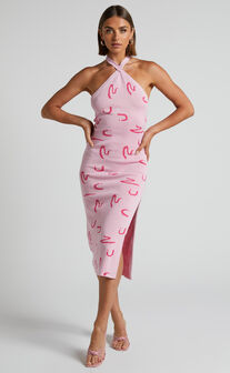 Jenni Tie Up Halter Knit Midi Dress in Pink Print