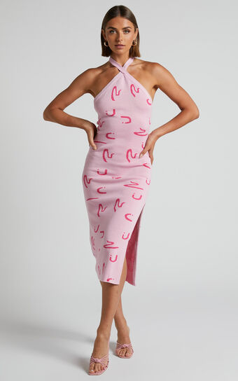 Jenni Tie Up Halter Knit Midi Dress in Pink Print