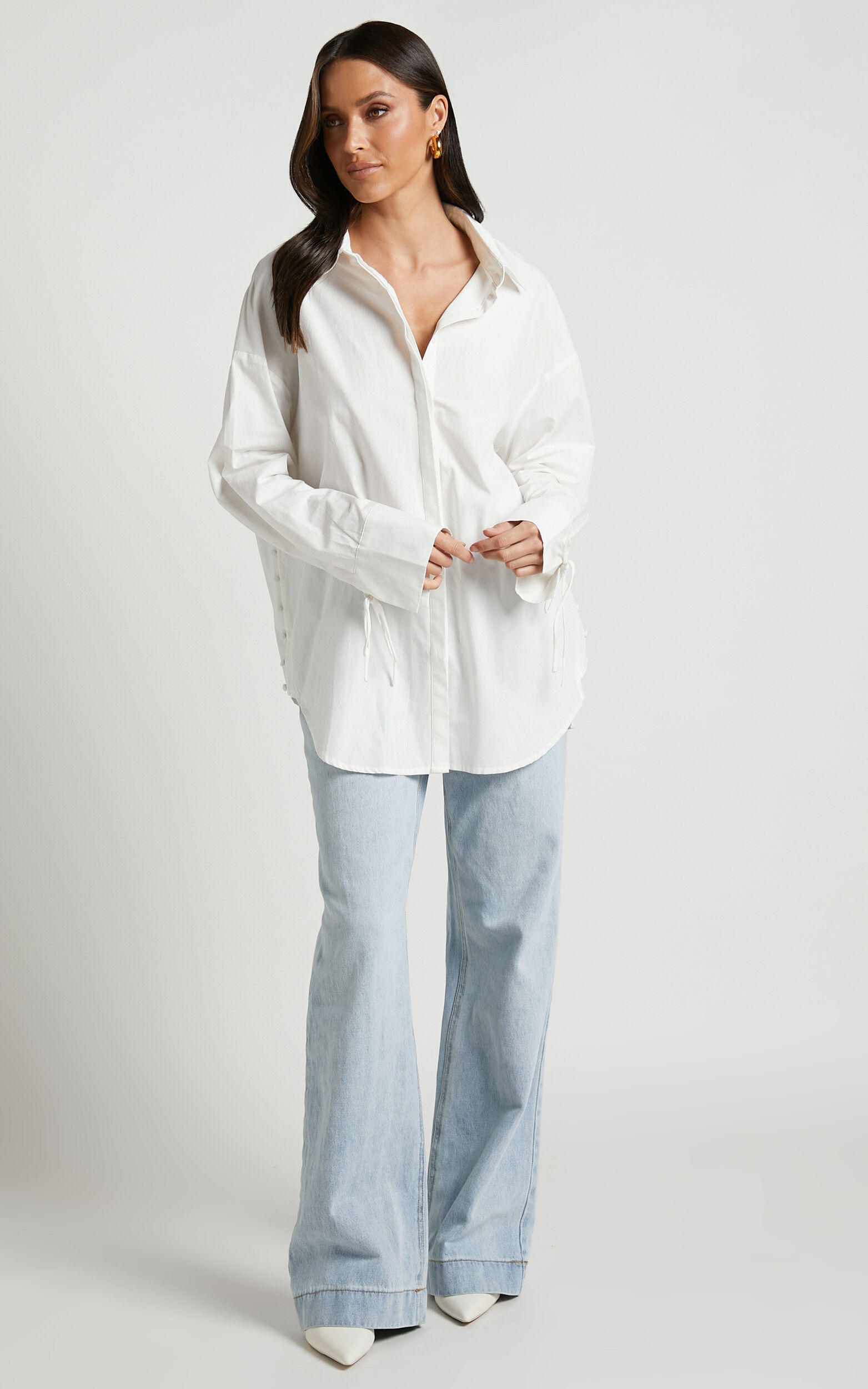Whoopi Top - Longline Button Detail Tie Cuff Shirt Top in White - 06, WHT1