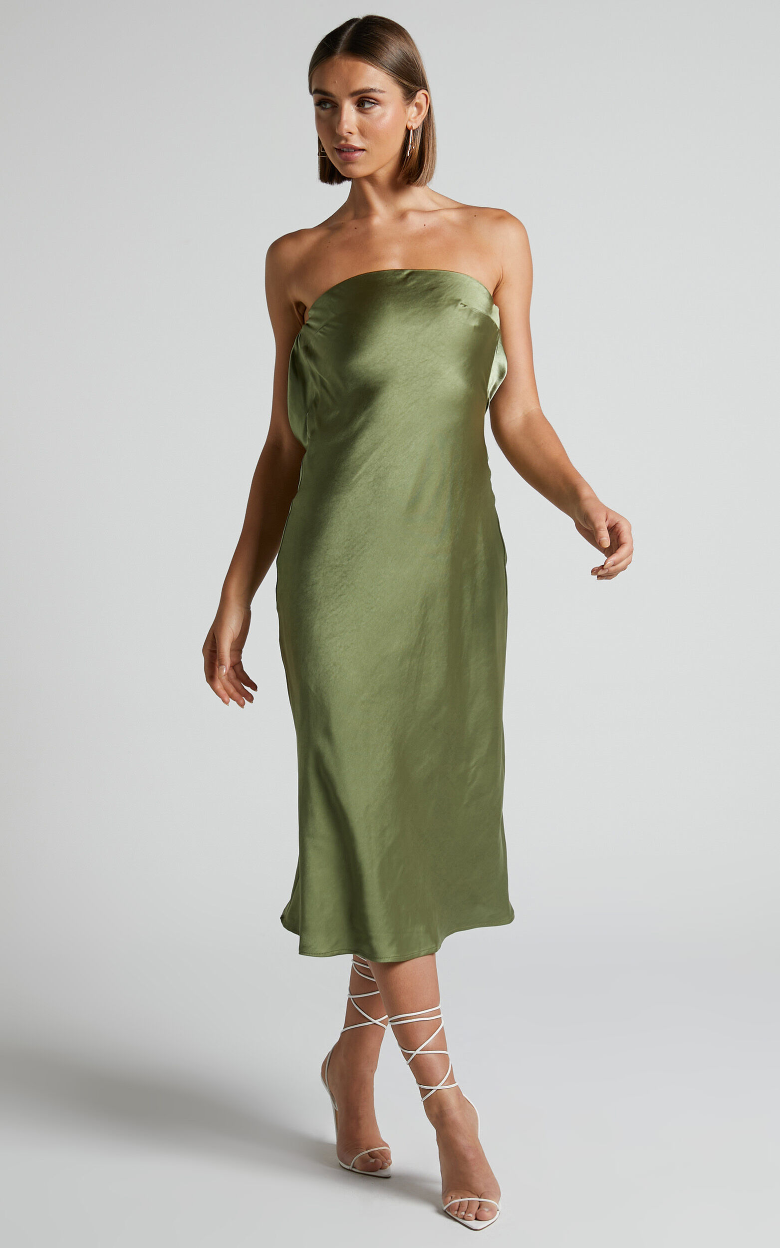 Charlita Midi Dress - Strapless Cowl Back Dress in Olive | Showpo USA