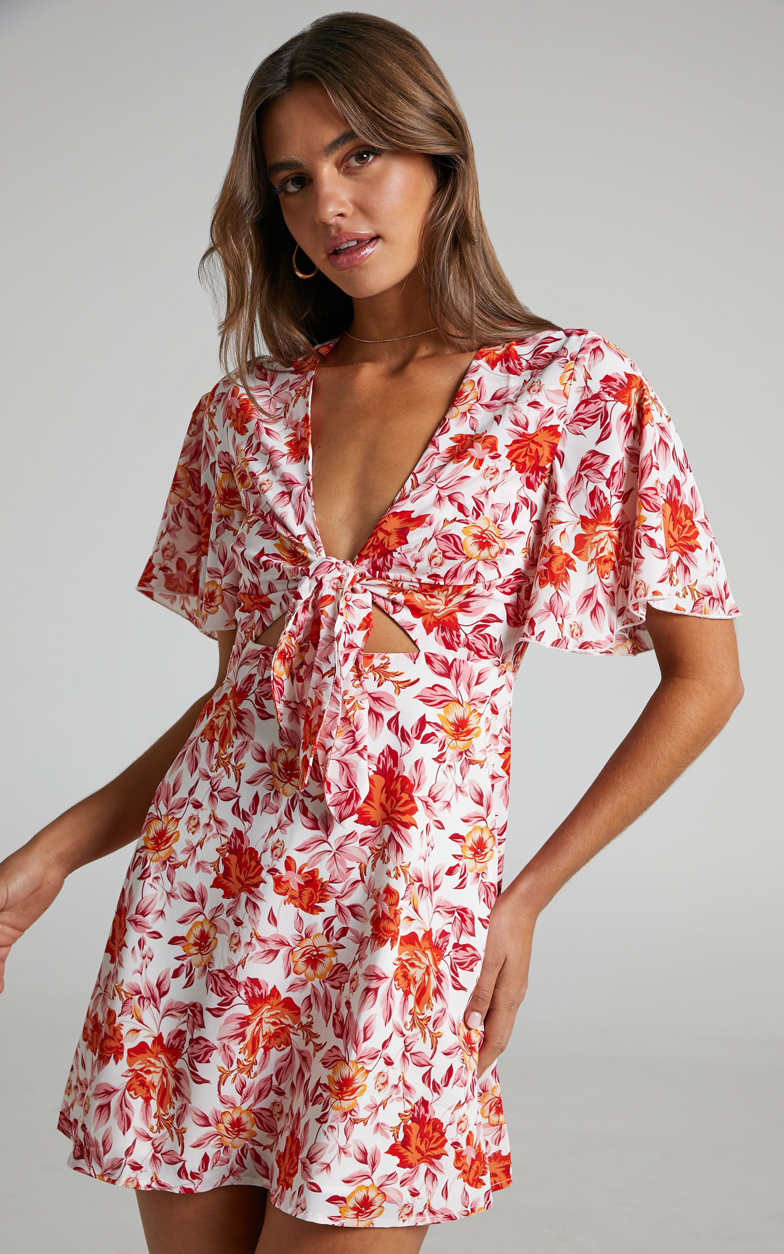 Wynna Tie Front Cut Out Flutter Sleeve Mini Dress in Pink Red Floral - 04, PNK1, super-hi-res image number null