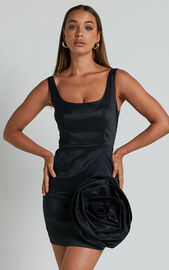 Datasha Mini Dress - Scoop Neck Sleeveless Rose Detail Dress in Black ...