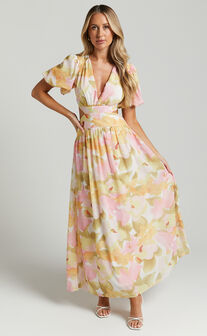 Aveline Midaxi Dress - Deep V Neck Puff Sleeve Fit and Flare Dress in Pink Floral