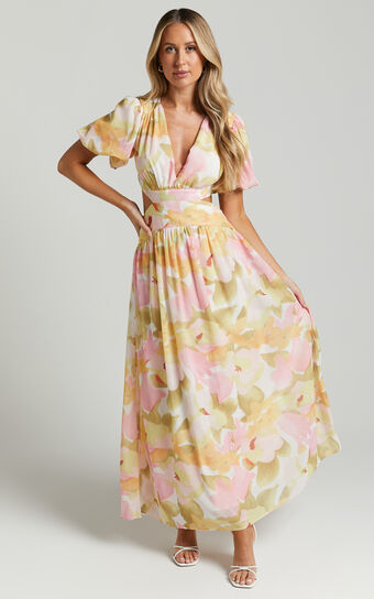 Aveline Midi Dress - Deep V Neck Puff Sleeve Fit and Flare Dress in Pink Floral