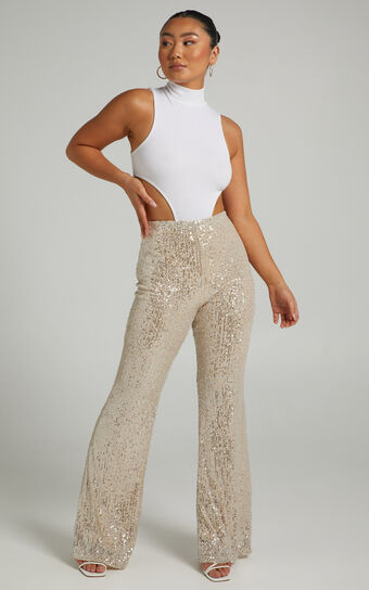 Deliza Mid Waisted Sequin Flare Pants in Champagne