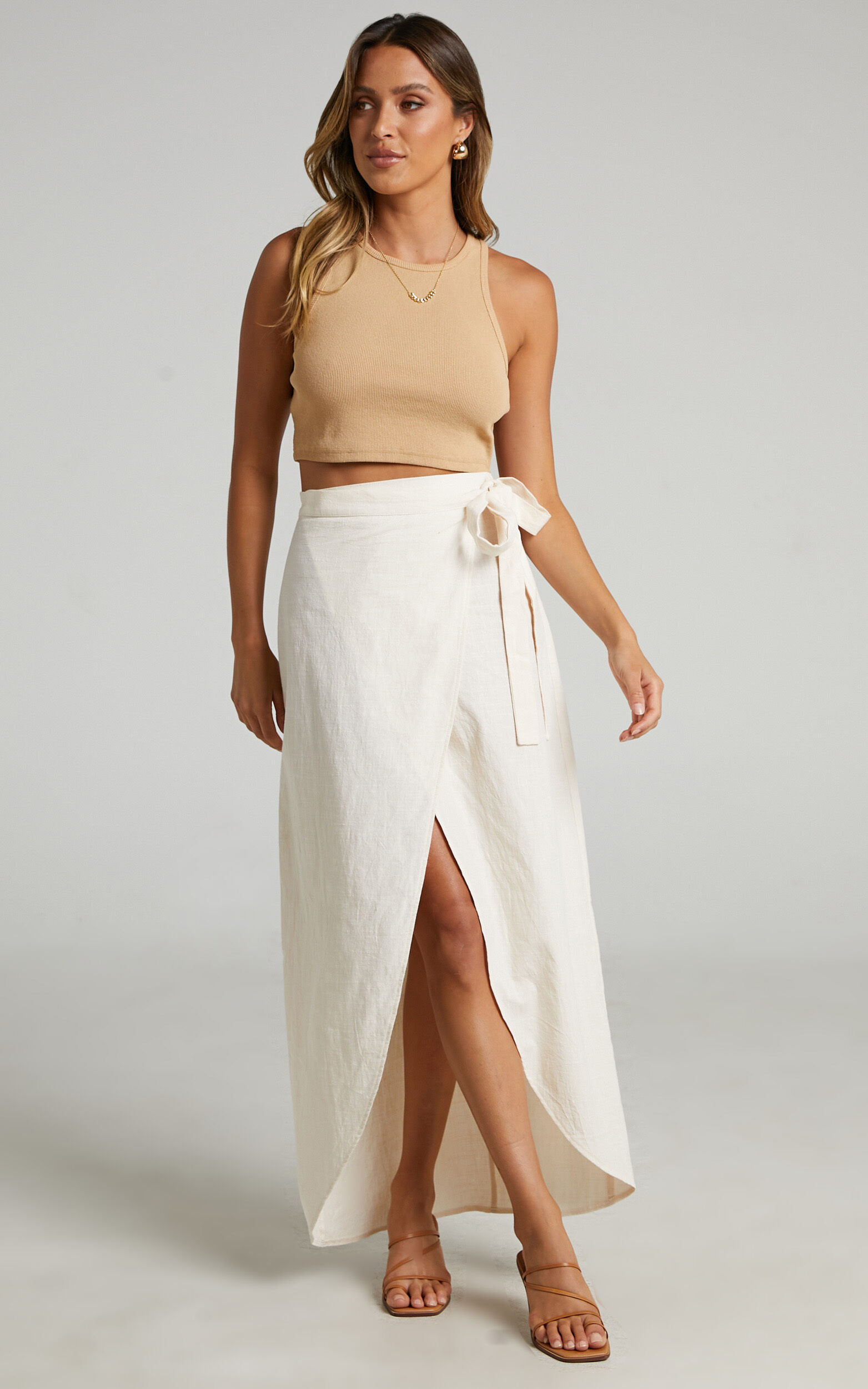 Aeditha Midi Skirt - Linen Look Wrap Skirt in Off White - 06, WHT1