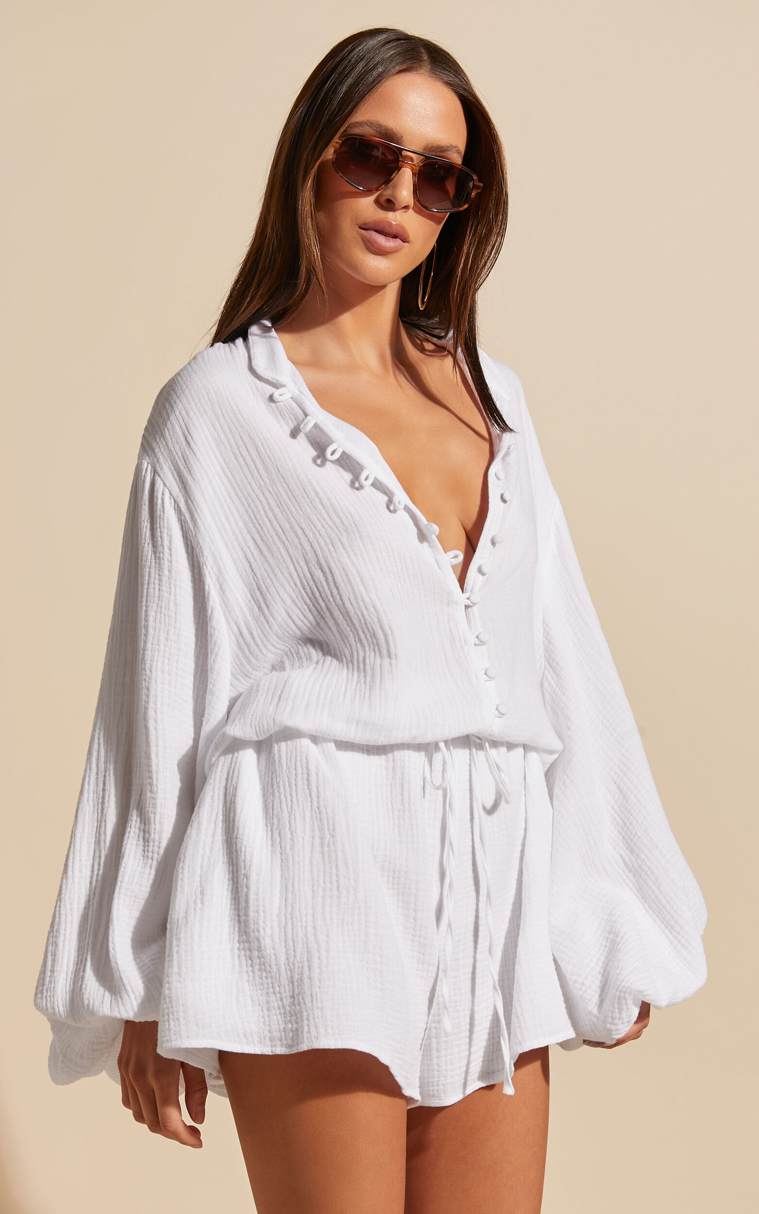 Laylani Playsuit - V Neck Puff Sleeve in White - 06, WHT1
