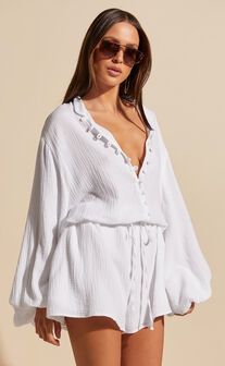 Laylani Playsuit - V Neck Puff Sleeve in White