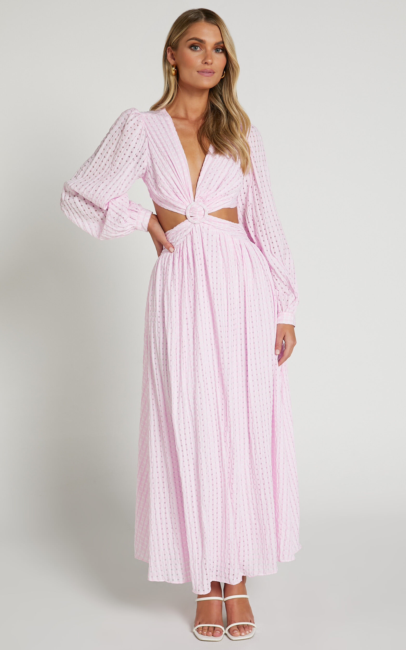 Chareese Midaxi Dress - Long Sleeve Side Cut Out Plunging Neckline Textured Dress in Pink - 06, PNK1