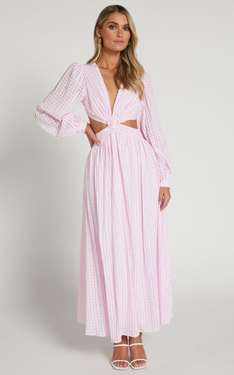 Chareese Midaxi Dress - Long Sleeve Side Cut Out Plunging Neckline Textured Dress in Pink