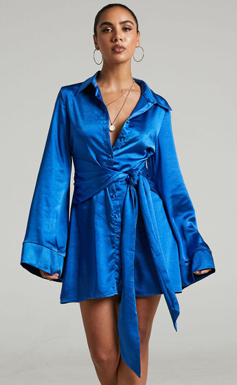 Hadid Button Down Satin Shirt Dress with Waist Tie in Electric Blue