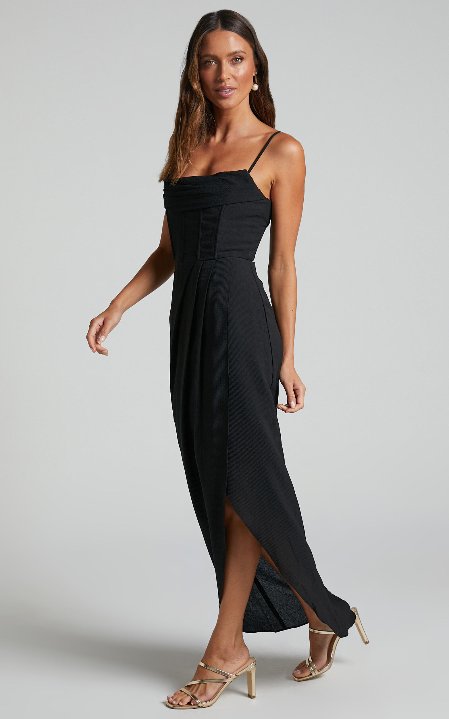 Andrina Midi Dress - High Low Wrap Corset Dress in Black | Showpo USA