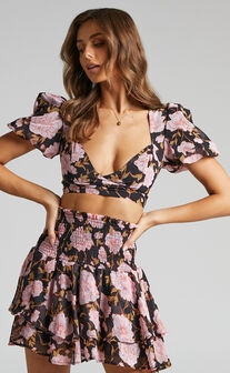 Kaituo Balloon Sleeve Crop Top in Romantic Floral