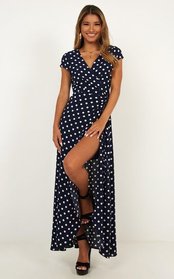 Wrap And Cross Maxi Dress In Navy Spot