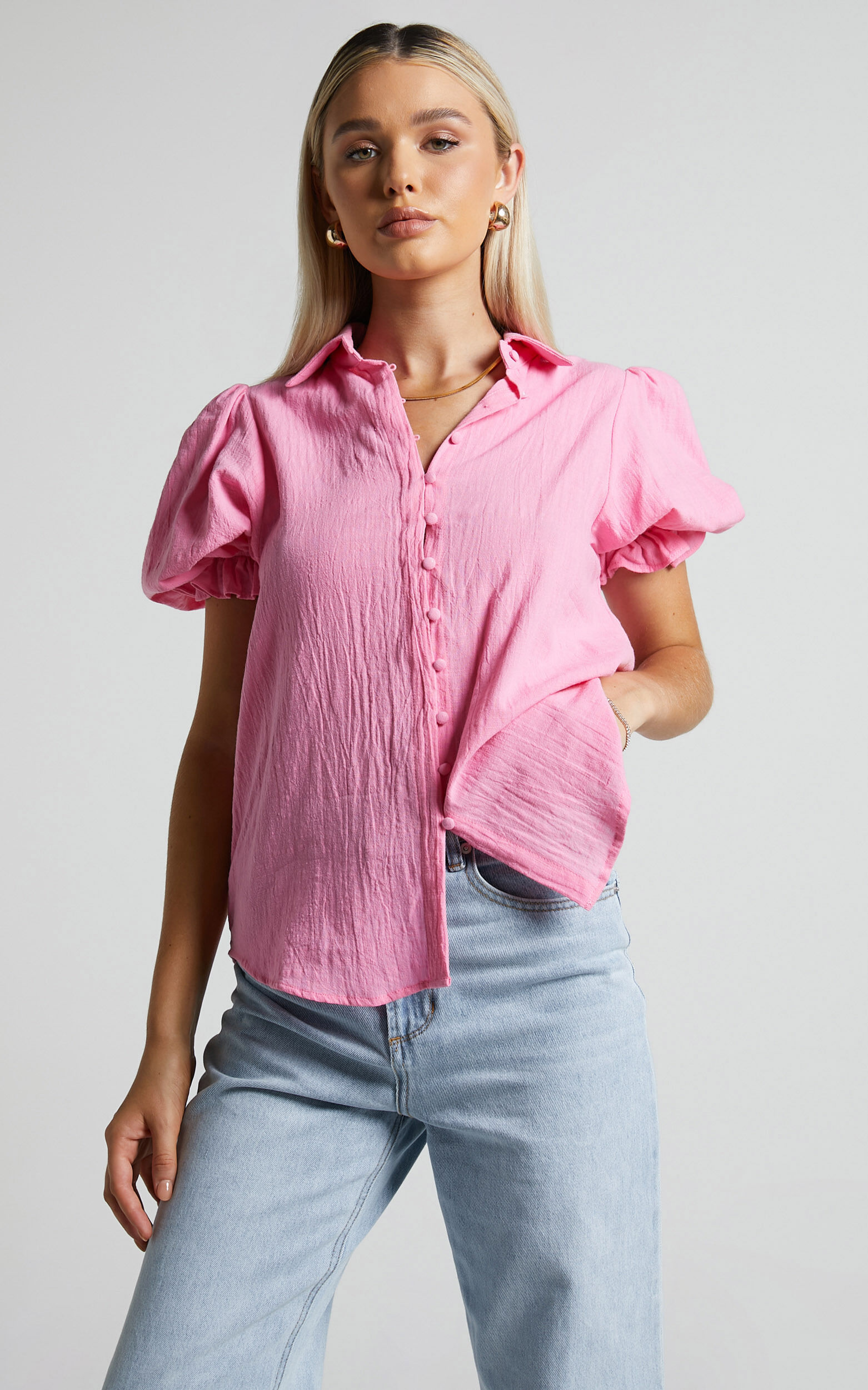 Jhelia Top - Puff Sleeve Button Up Blouse in Candy Pink - 06, PNK1, super-hi-res image number null