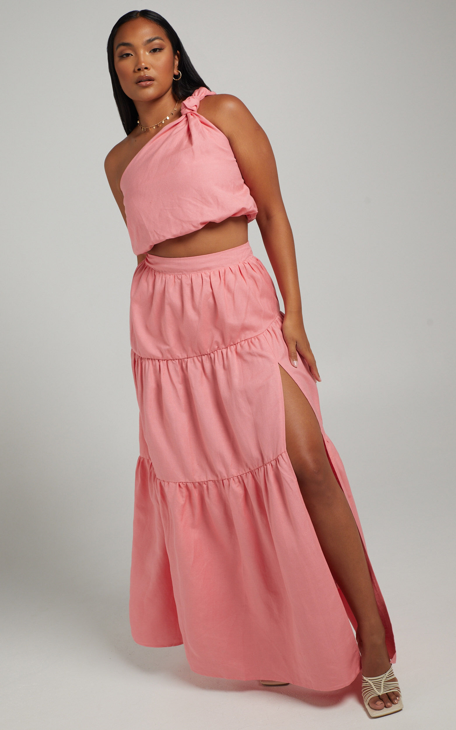 Aerilyn Two Piece Set - One Shoulder Crop Top and Midi Skirt Set in Pink - 06, PNK2