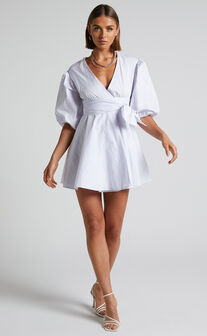 Zyla Puff Sleeve Wrap Mini Dress in White