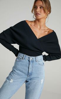Petra Long Sleeve Wrap Ribbed Knit Top in Black