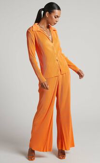 Amarante Pants - High Waisted Plisse Wide Leg Pants in Orange