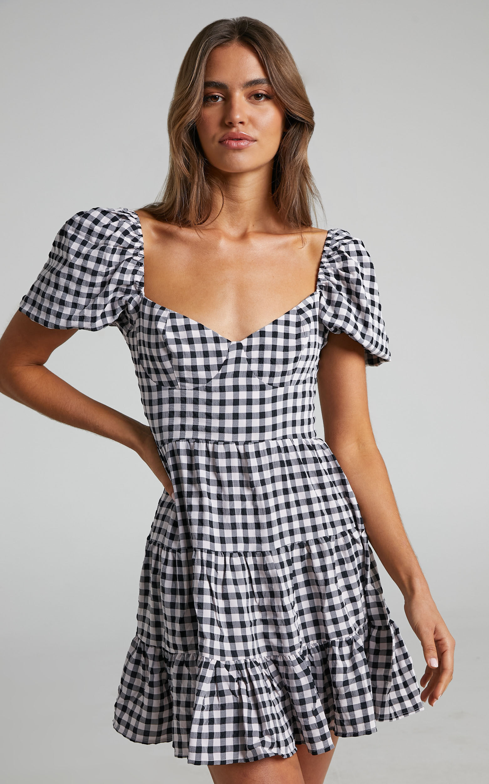 Mirai Sweetheart Tiered Puff Sleeve Mini Dress in Black and White Check - 06, BLK1, super-hi-res image number null