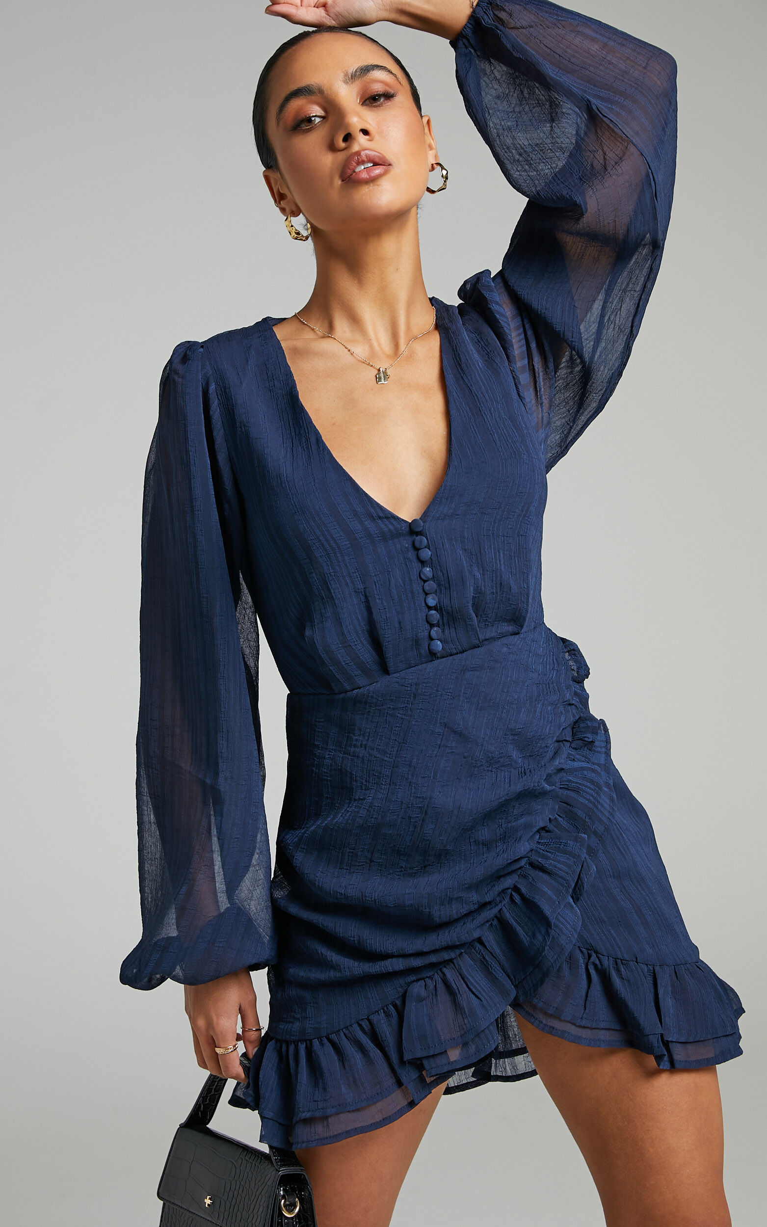 Amoretta Textured Chiffon Mini Dress with Frills in Navy - 04, NVY1, super-hi-res image number null