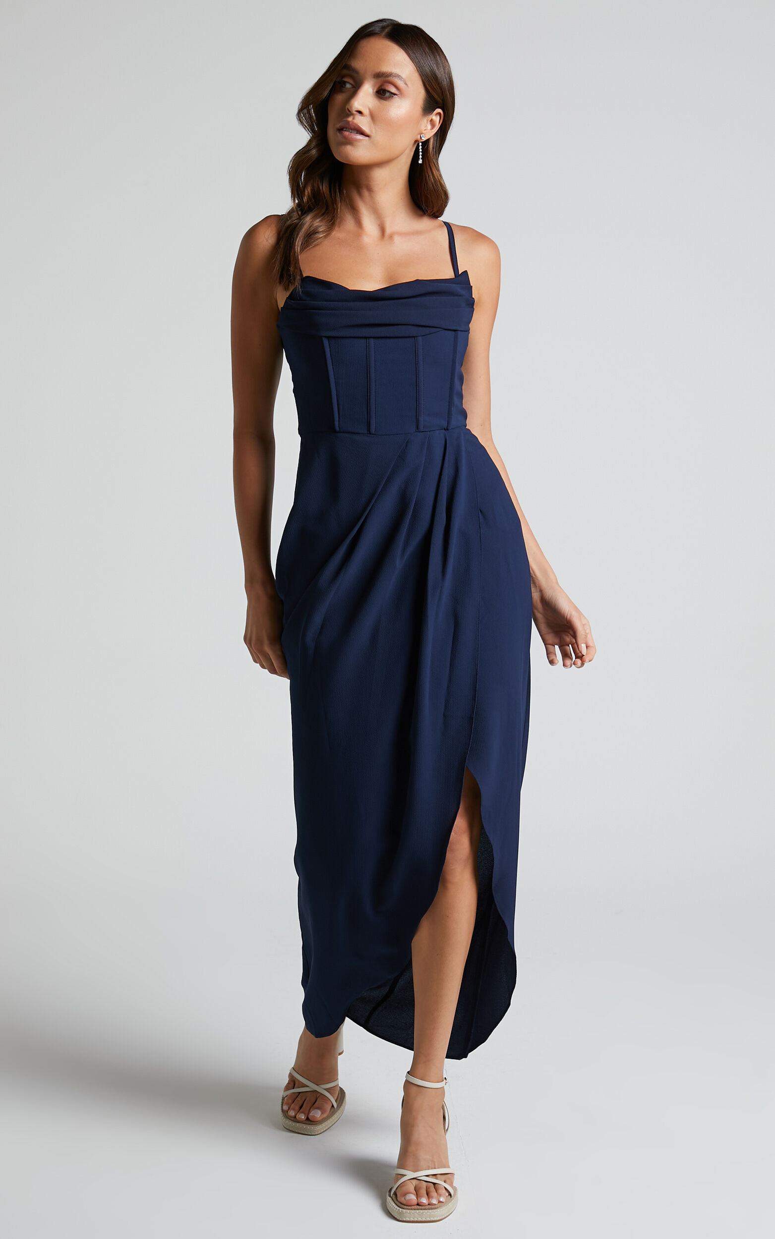 Andrina Midi Dress -  High Low Wrap Corset Dress in Navy - 04, NVY1, super-hi-res image number null
