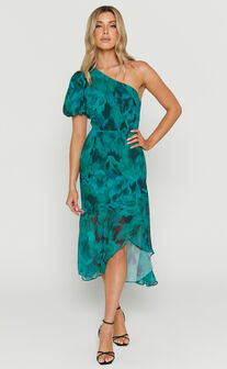 Clabelle Midi Dress - One Shoulder Ruffle Tulip Hem Dress in Emerald Blur Floral