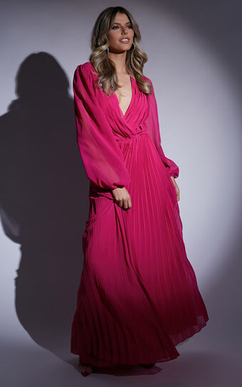 Palatine Long Sleeve Wrap Pleated Maxi Dress in Pink