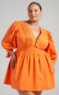Zandra Puff Sleeve Poplin Mini Dress in Orange