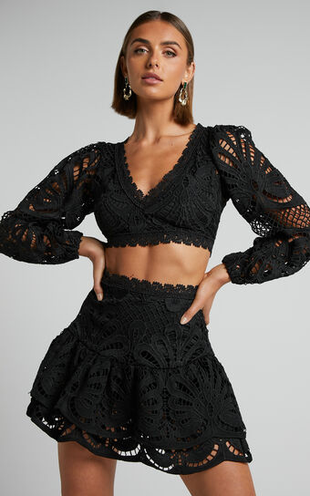 Kiss Me Softly Long Sleeve Crop Top and Mini Skirt Two Piece Set in Black Lace