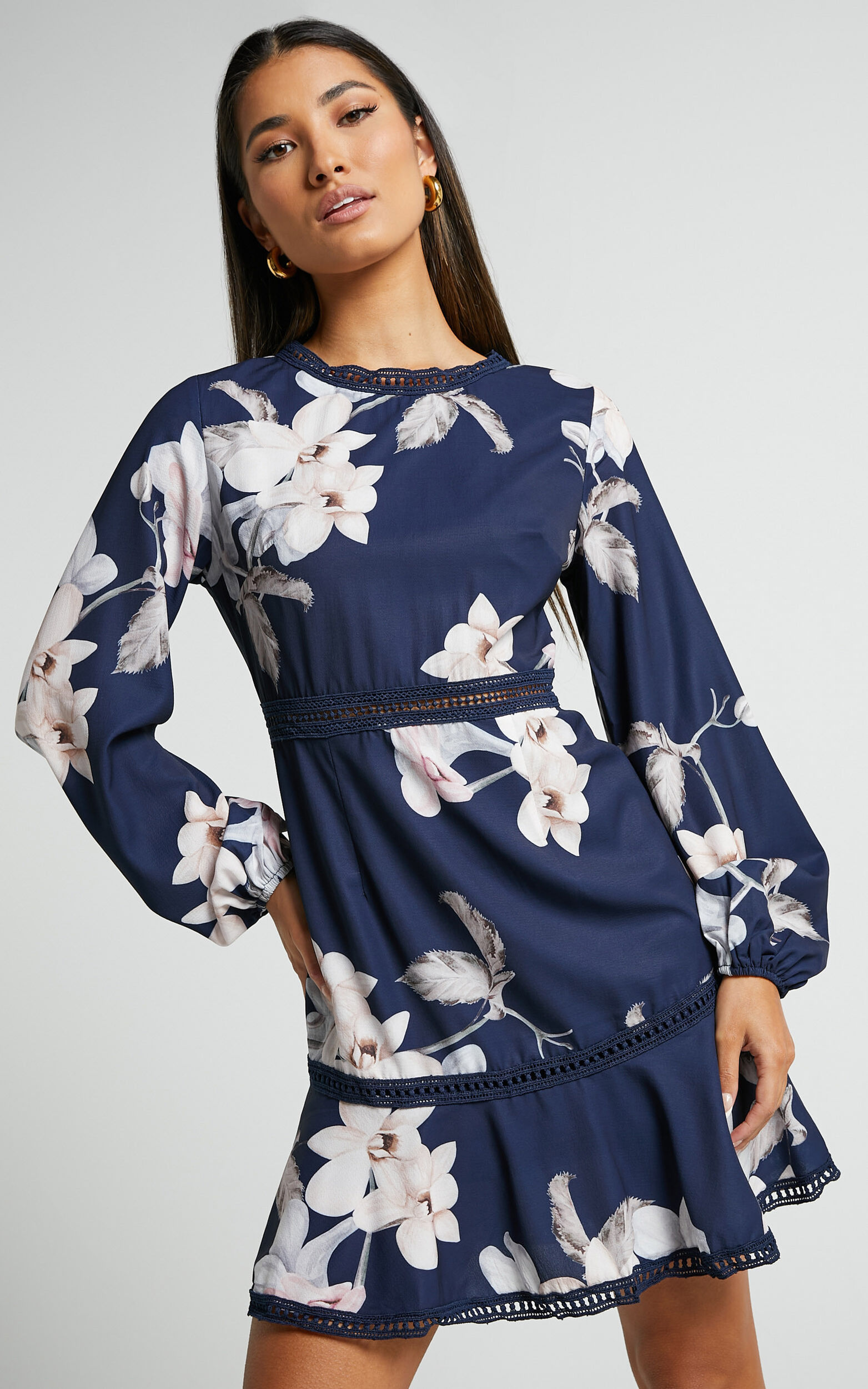 Not Missing Out Mini Dress - Long Puff Sleeve Dress in Navy Floral - 16, NVY1