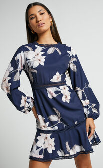 Not Missing Out Mini Dress - Long Puff Sleeve Dress in Navy Floral