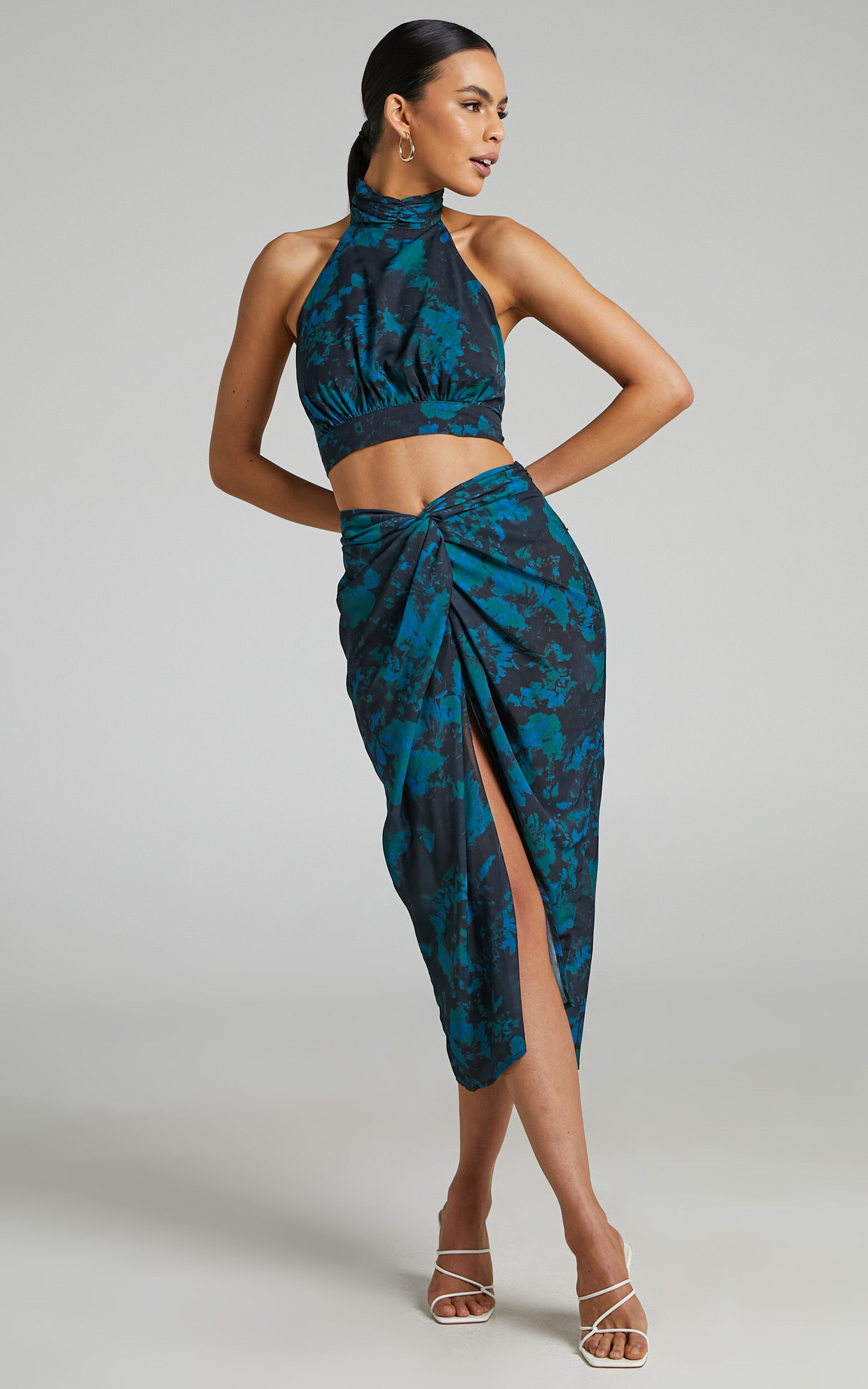 Mirski High Neck Halter Top and Twist Front Midi Skirt Two Piece Set in Jewel Blur - 04, GRN1, super-hi-res image number null