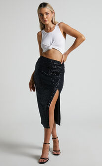 Demelza Sequin Midi Skirt in Black