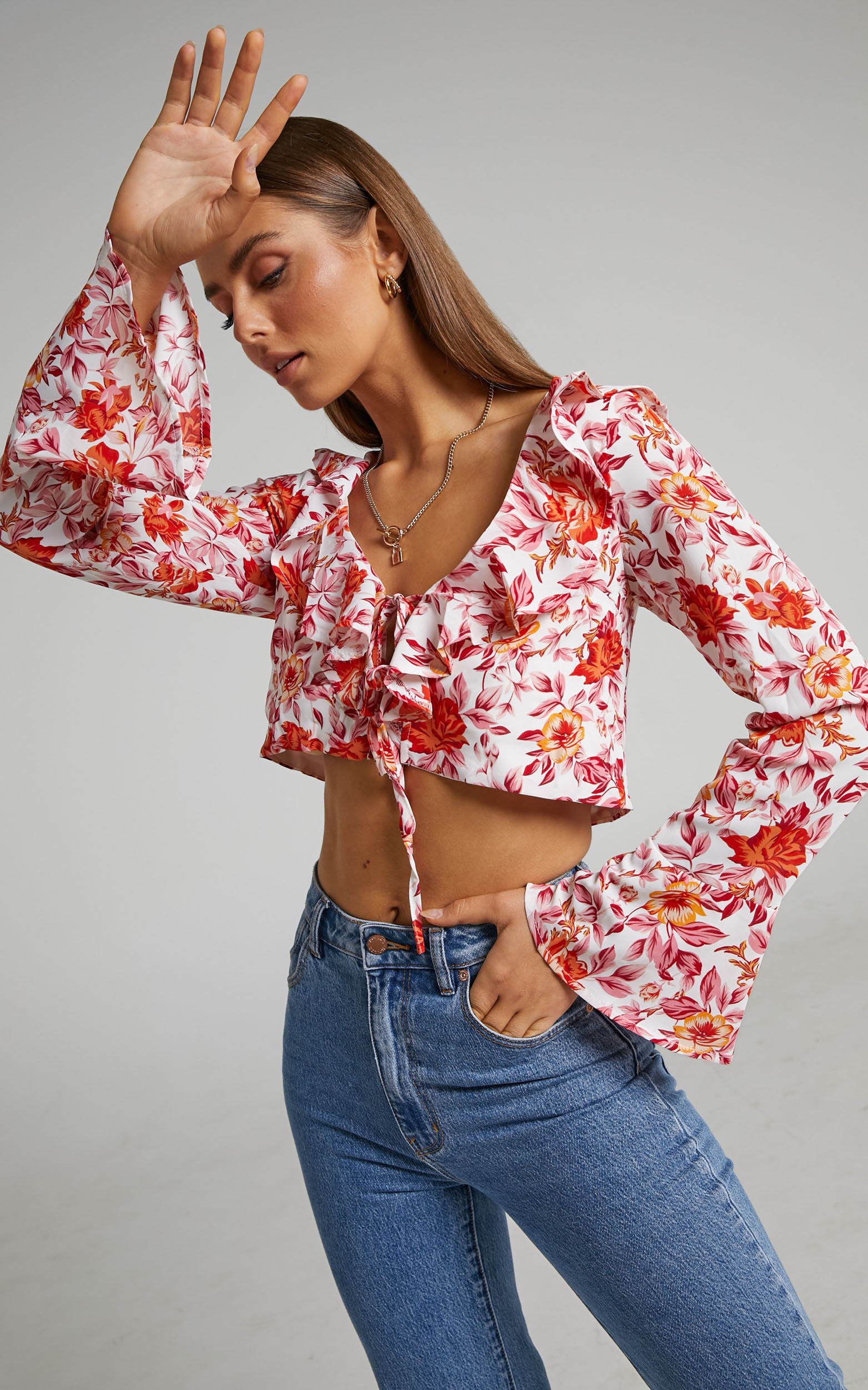 Wynna Tie Front Long Sleeve Top in Pink Red Floral - 04, PNK1, super-hi-res image number null