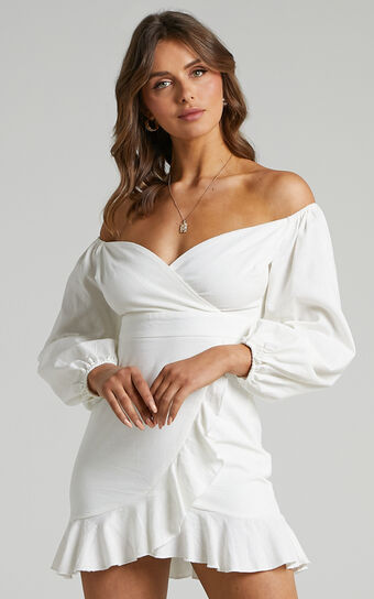 Cant Move On Off Shoulder Mini Dress in White Linen Look