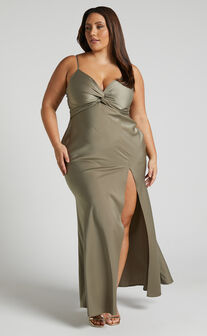 Gemalyn Midaxi Dress - Twist Front Thigh Split Dress in Olive