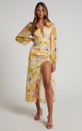 Francesca Midi Dress - Puff Sleeve V Neck Thigh Split Dress in Summer Haze