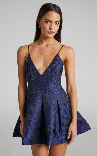 Gemima Strappy Plunge Neck Fit and Flare Mini Dress in Navy