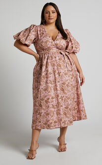 Amalie The Label Franc Midi Dress - Linen Puff Sleeve Wrap in Vahala Print